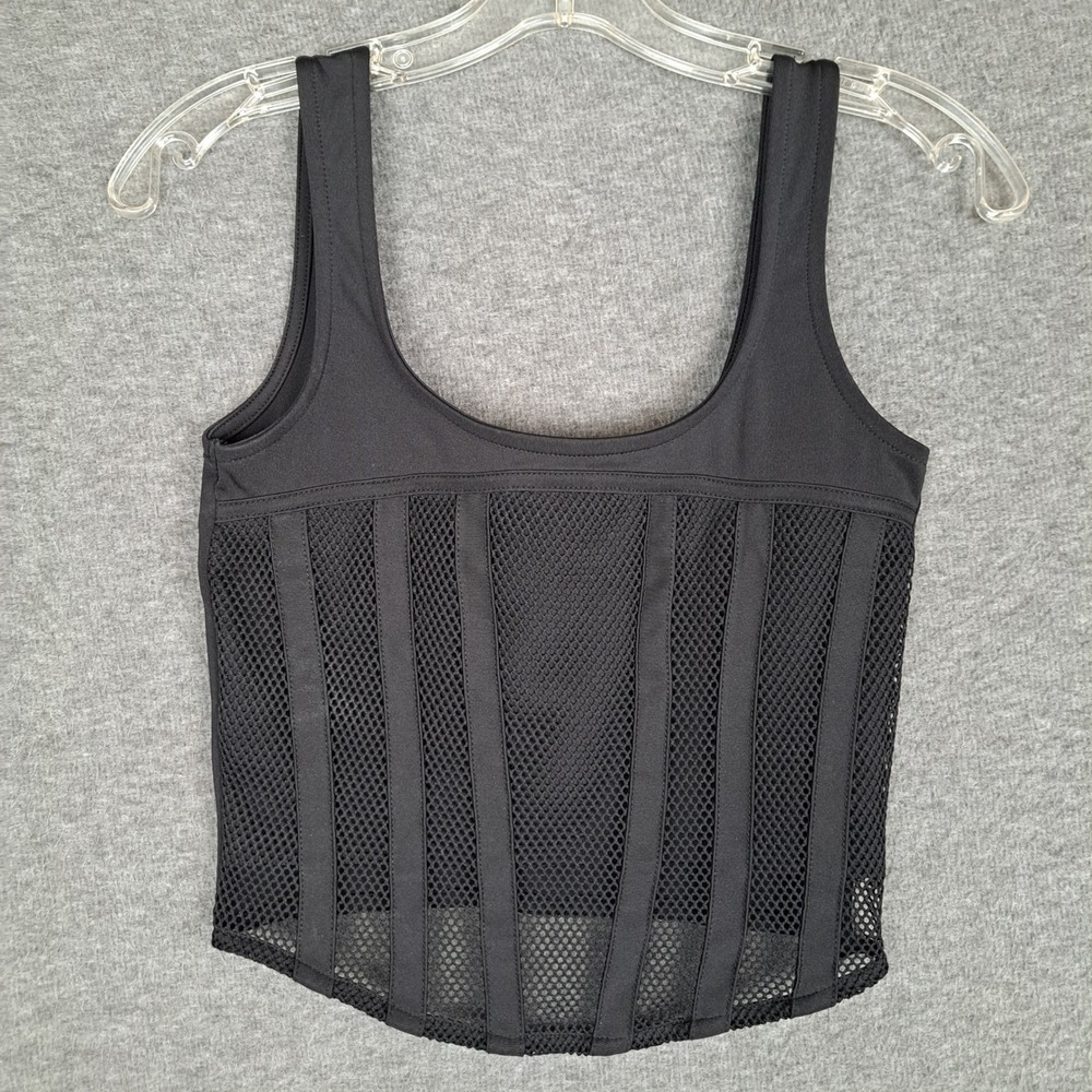 River Island Corset Mesh Crop Top Womens US 6 Black Sheer Panel Scoop Neck